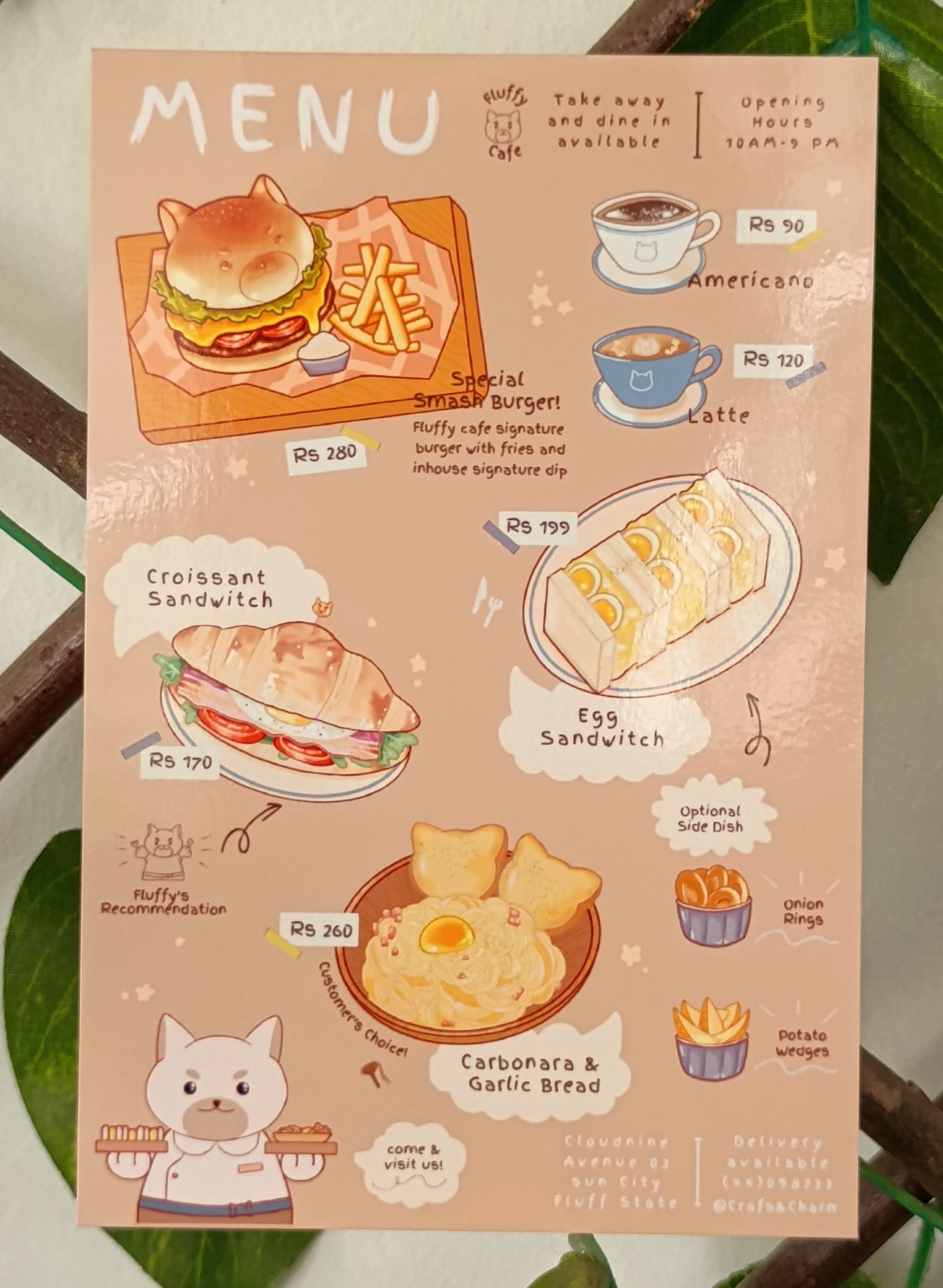 anime style cafe menu art print with various foods like burger and fries, americano, latte, croissant sandwitch, egg sandwitch, onion ings, potato wedges and carbonara with garlic bread. this cafe is run by a cute dog