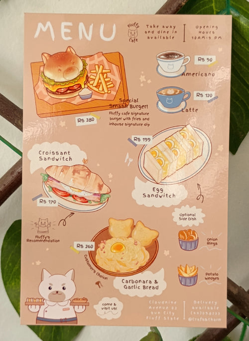 anime style cafe menu art print with various foods like burger and fries, americano, latte, croissant sandwitch, egg sandwitch, onion ings, potato wedges and carbonara with garlic bread. this cafe is run by a cute dog