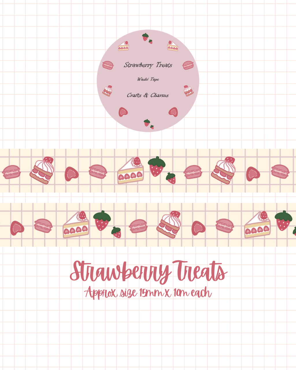 Washi tape with cute strawberry and strawberry cake designs on a grid background