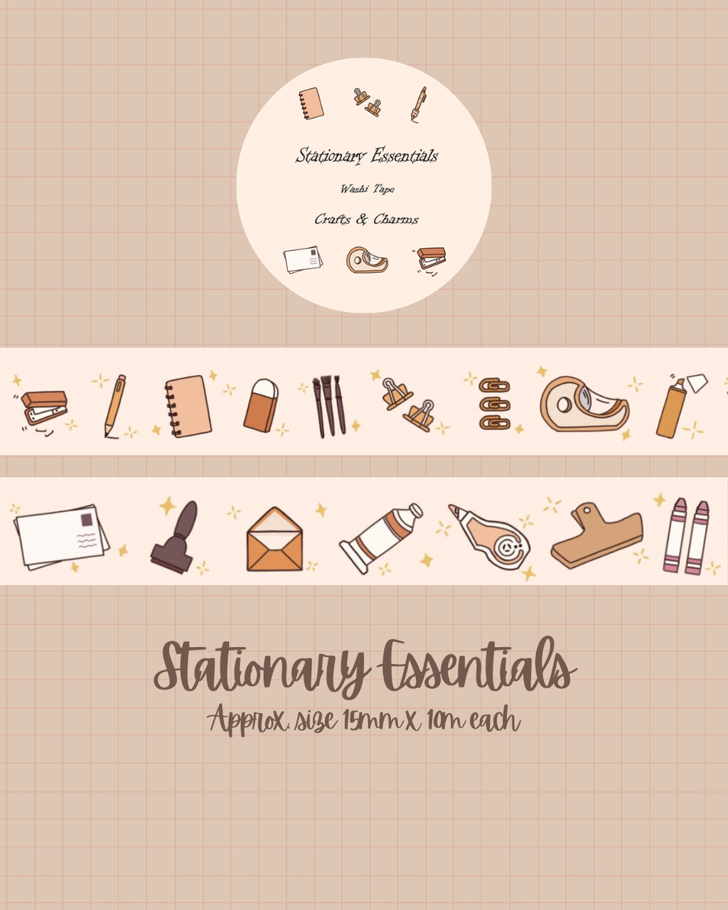 Stationery items on a beige background with 'Stationary Essentials' text.