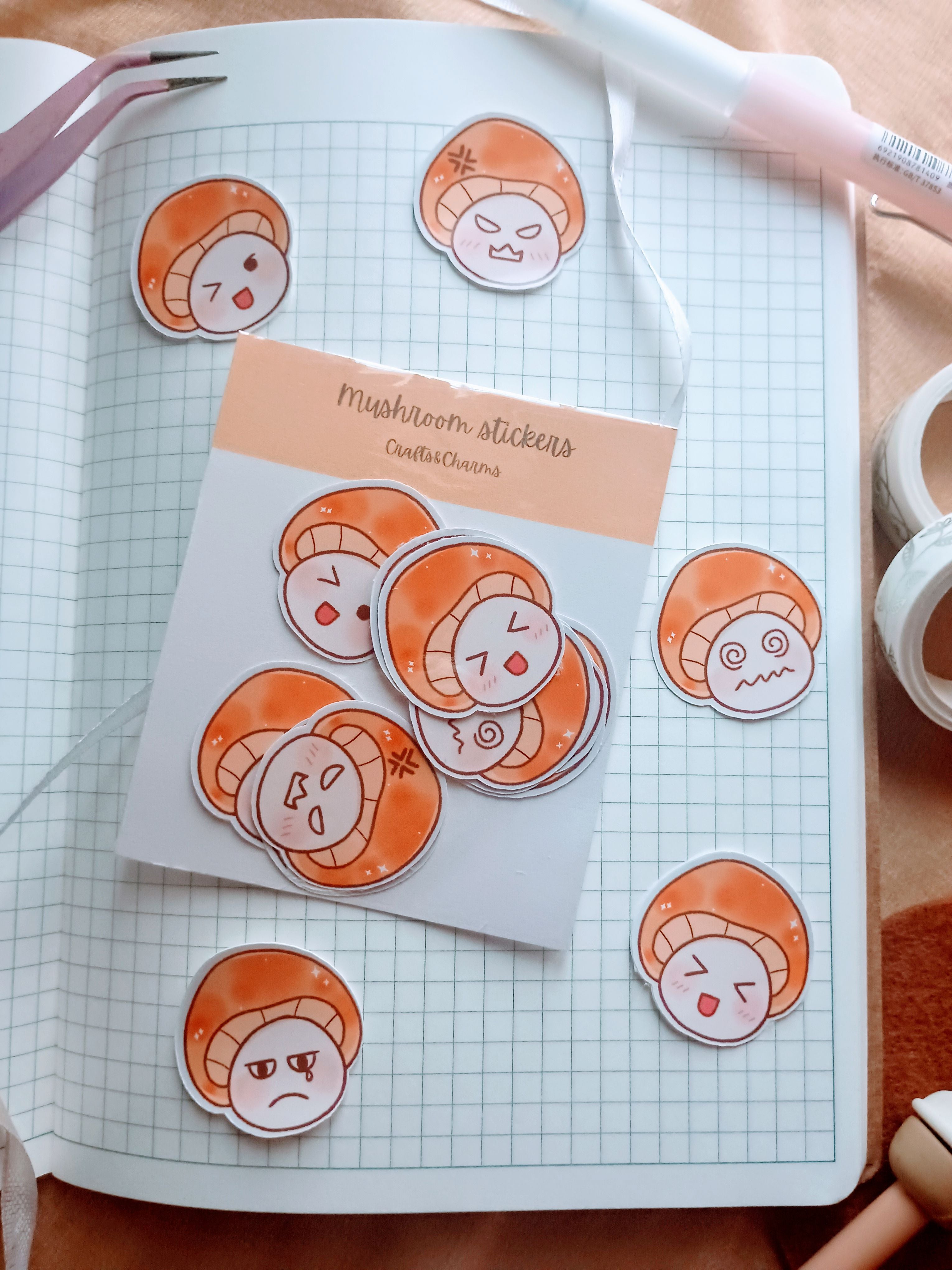 sticker flakes with 5 unique mushroom with diffrent facial expressions- happy, anger, sadness, confused and just kidding.