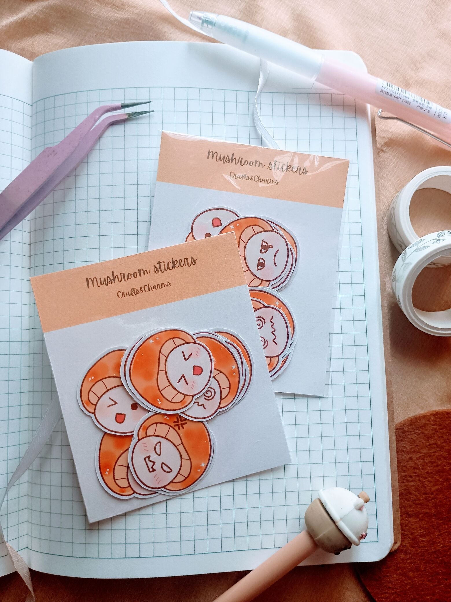 two sticker flakes with cute package  with 5 unique mushroom with diffrent facial expressions- happy, anger, sadness, confused and just kidding.