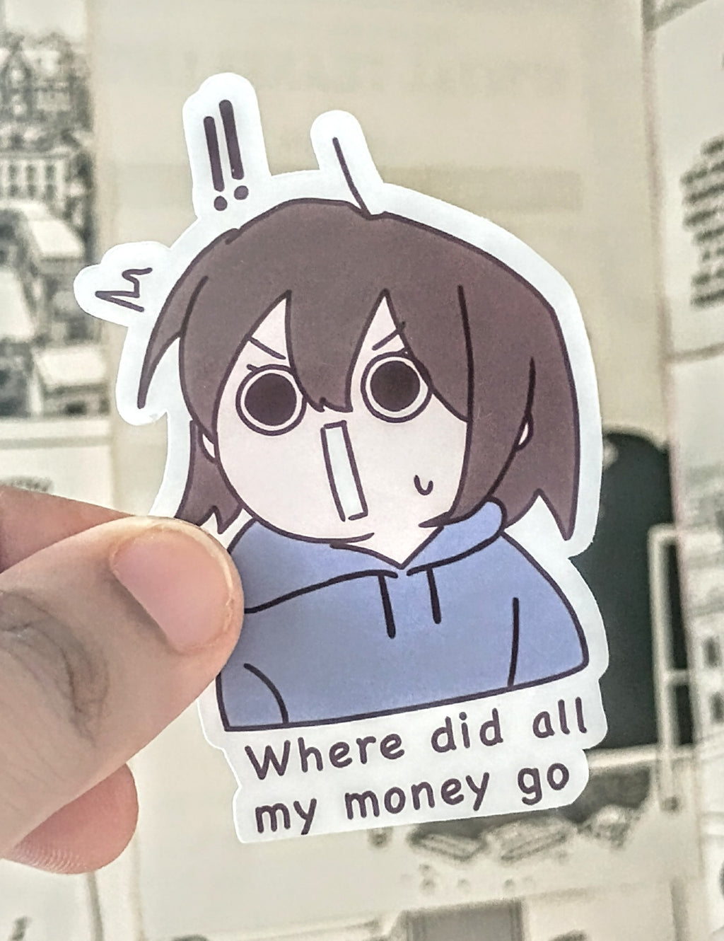 anime style girl with suprised face with text 'Where did all my money go'  held by hand 