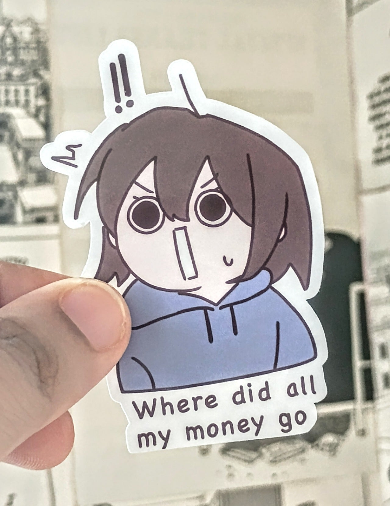 anime style girl with suprised face with text 'Where did all my money go'  held by hand 