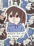 anime style girl with suprised face with text 'Where did all my money go' surrounded by various stickers of same kind
