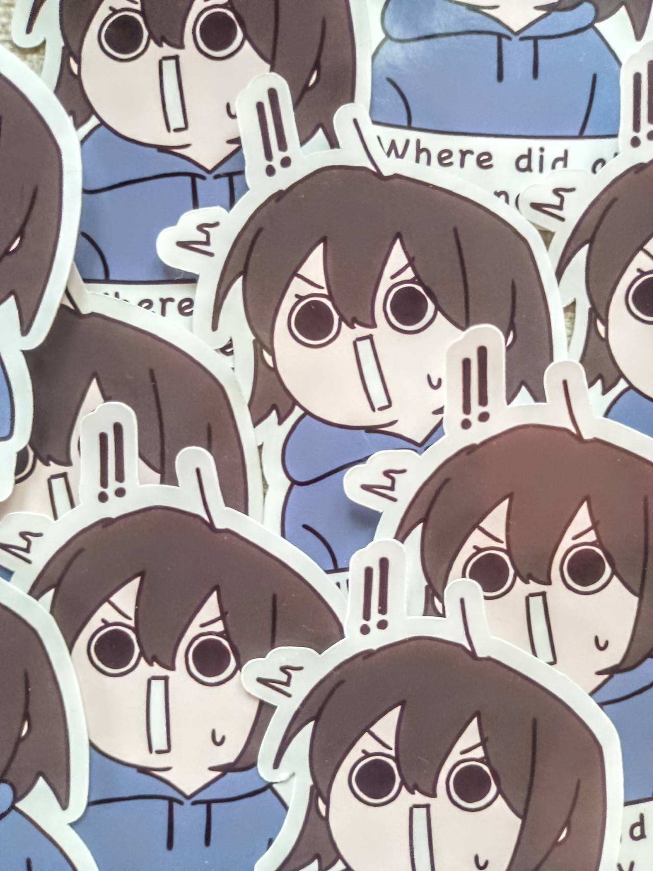 anime style girl with suprised face with text 'Where did all my money go' surrounded by various stickers of same kind